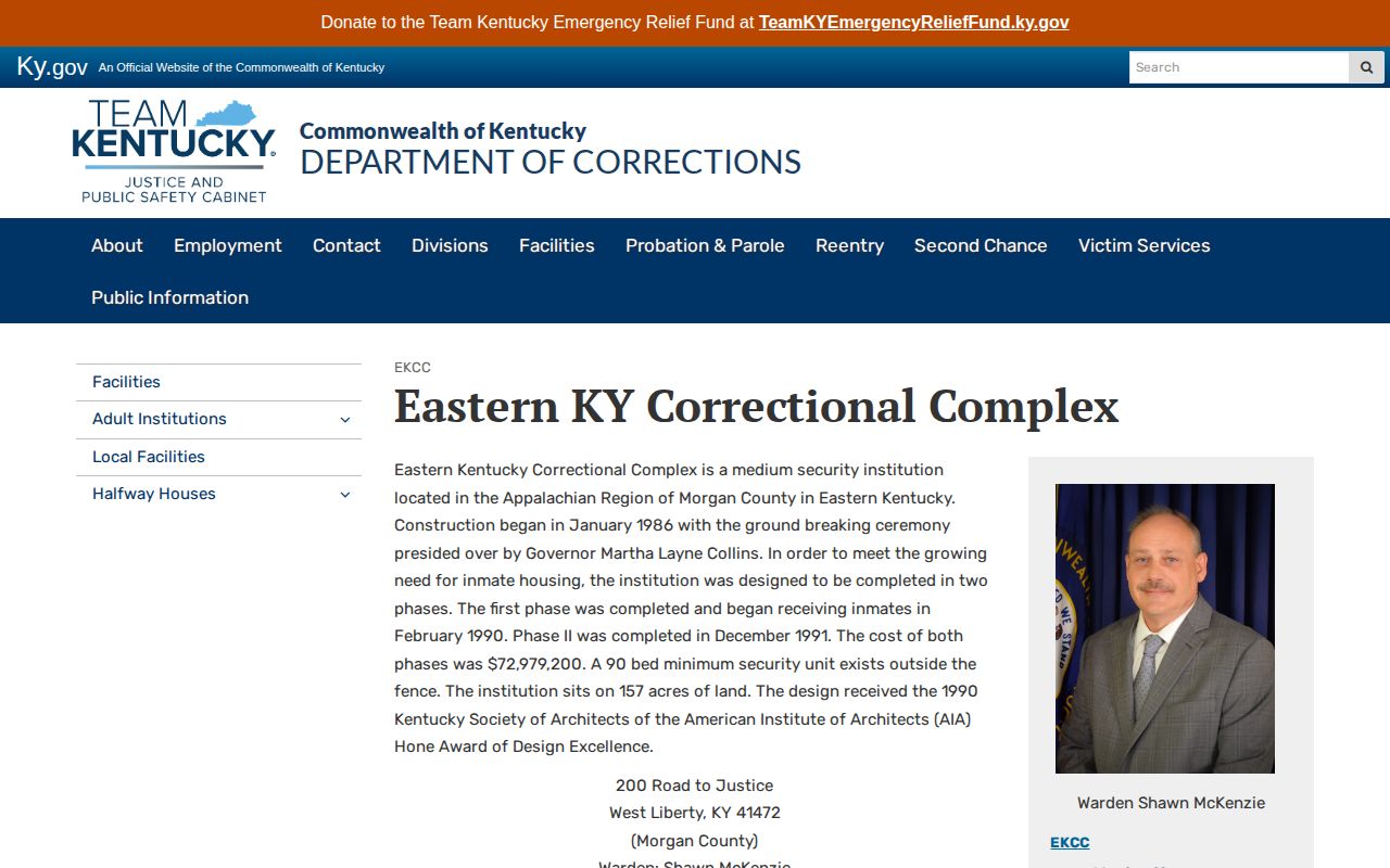 Kentucky Department of Corrections page for Eastern Kentucky Correctional Complex
